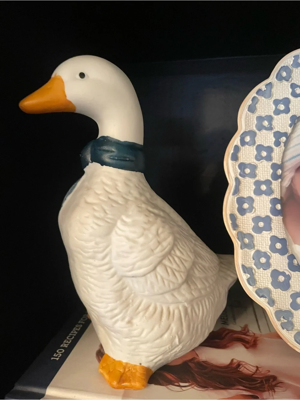 Vintage ceramic goose with blue bow 90s decor aesthetic
